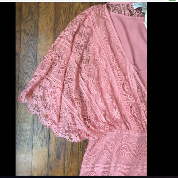 Beyond Vintage Pink Lace Draped V Neck Mini Dress - Picture 6 of 12